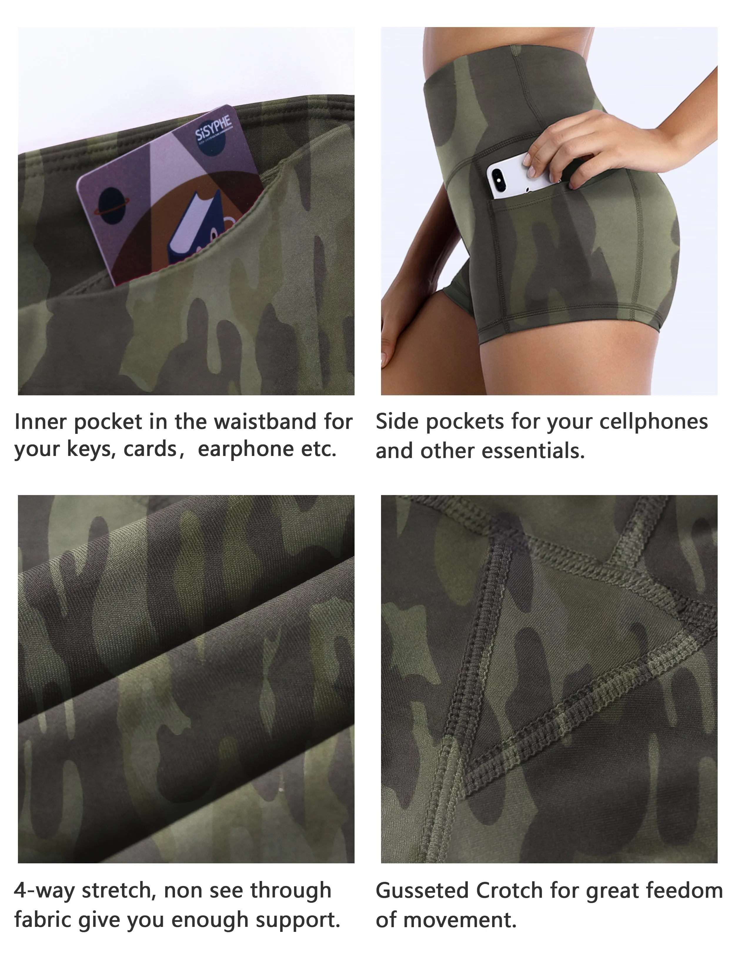 2.5" Printed Side Pockets Biking Shorts green camo_Biking