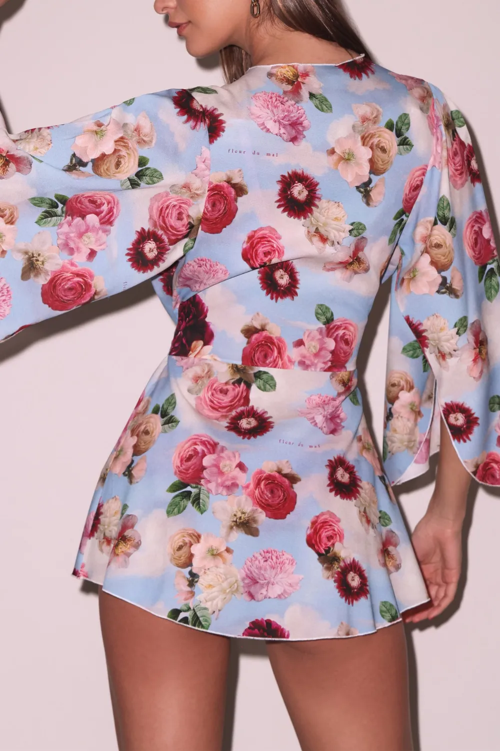 Angel Sleeve Silk Robe in Dreamy Floral Print