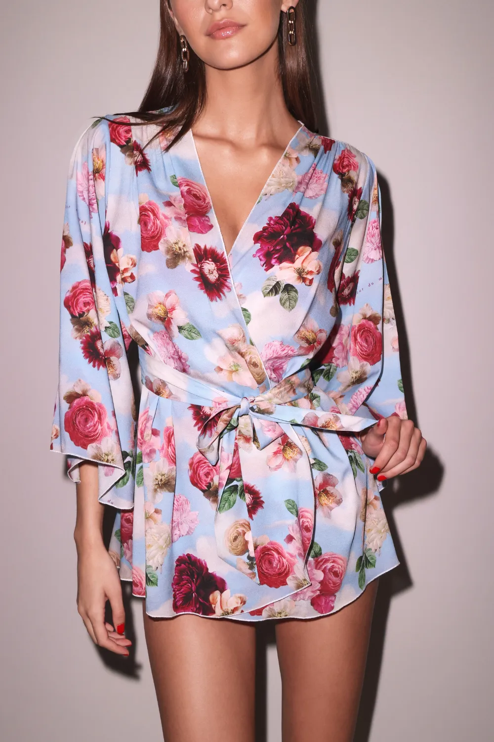 Angel Sleeve Silk Robe in Dreamy Floral Print