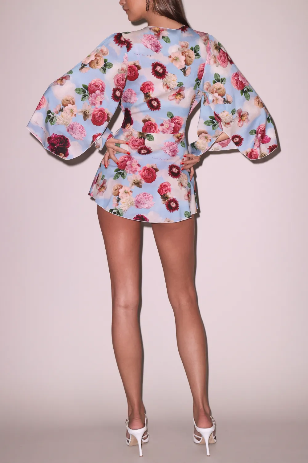 Angel Sleeve Silk Robe in Dreamy Floral Print