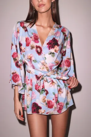 Angel Sleeve Silk Robe in Dreamy Floral Print