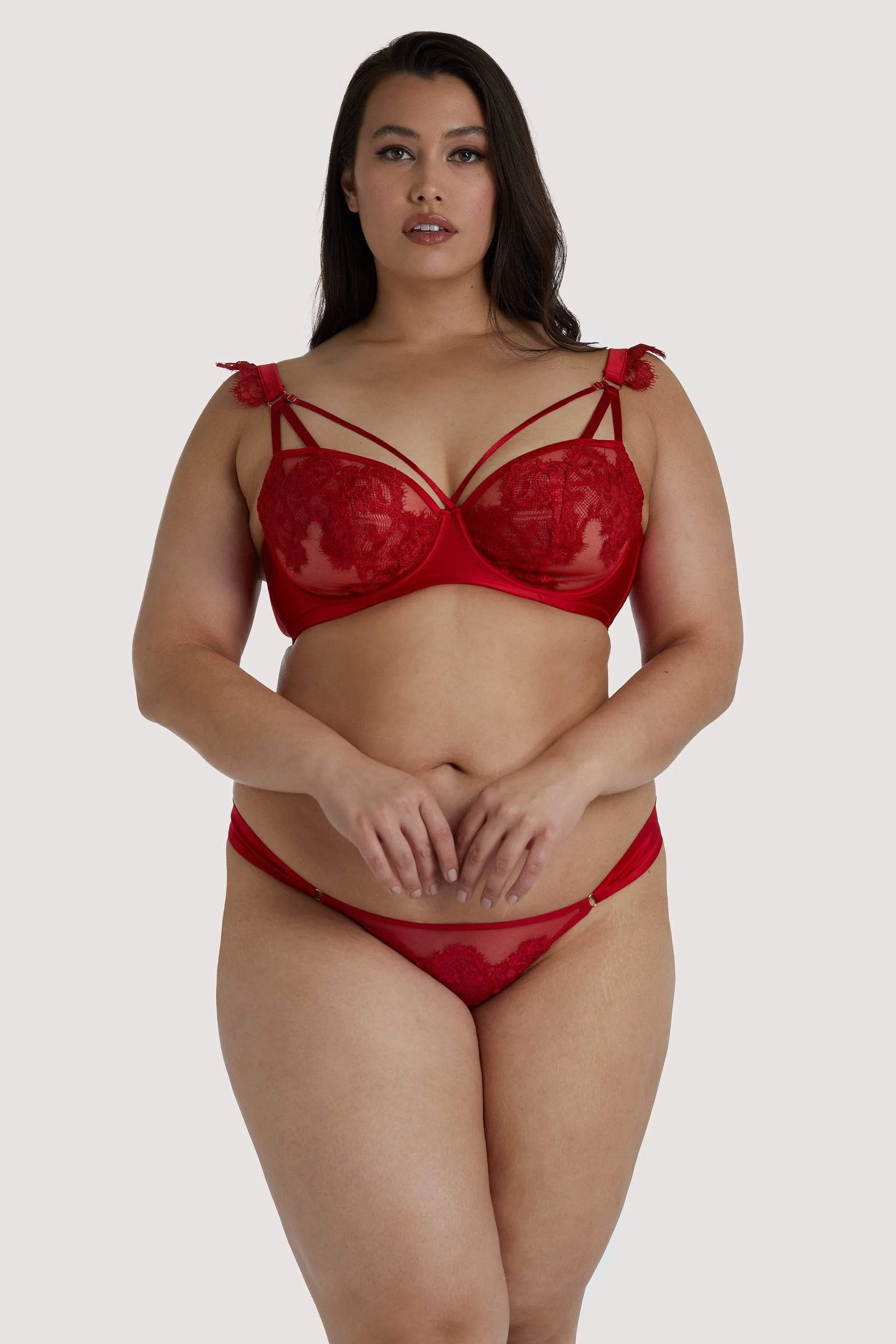 Anneliese Red Satin Net and Lace Brazilian Brief
