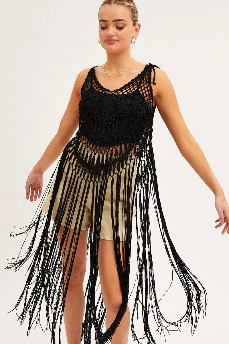 Black Crochet Beach Pullover Dress Cover Up
