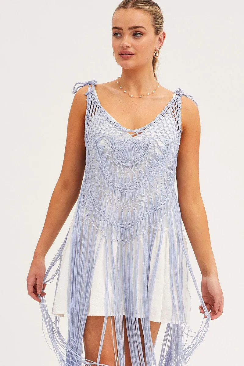 Blue Crochet Beach Pullover Dress Cover Up