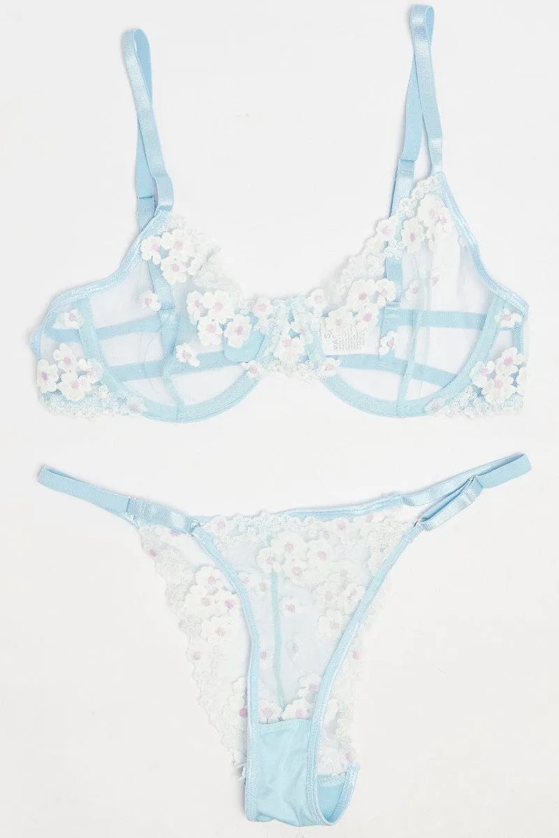 Blue Embroidery Lingerie Set