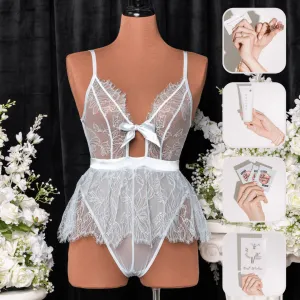 Bridal Bundle: Eyelash Lace Crotchless Teddy - Something Blue