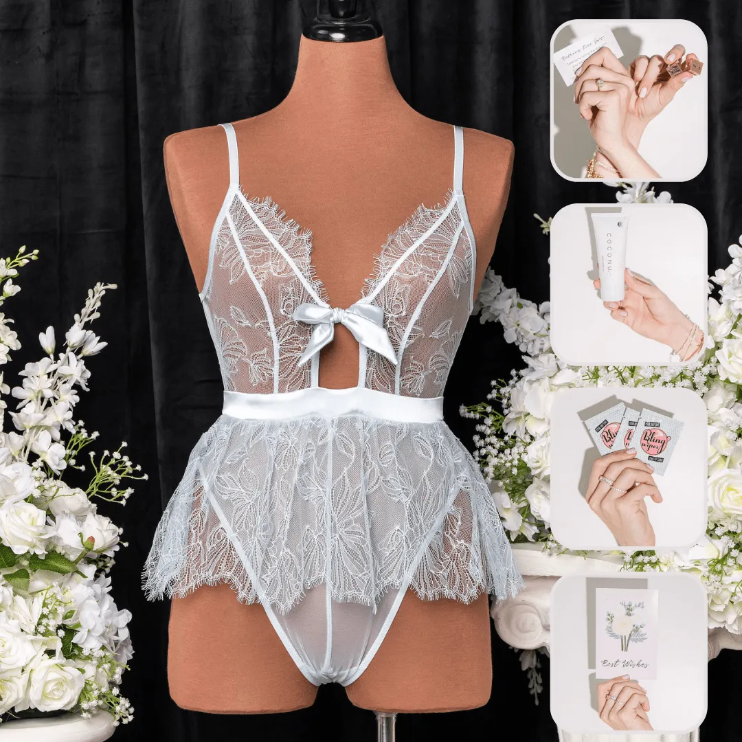 Bridal Bundle: Eyelash Lace Crotchless Teddy - Something Blue