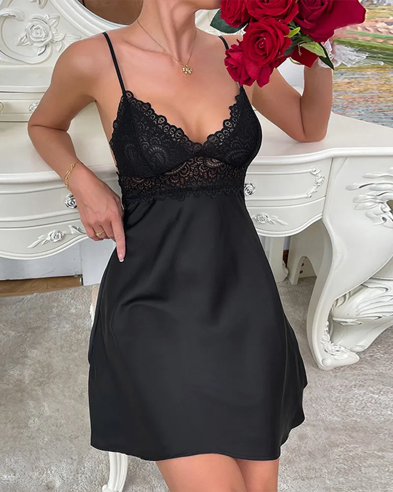 Contrast Lace Backless Satin Dress