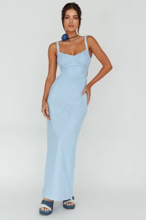 Dream Crush Lace-Up Back Mesh Overlay Midi Dress Blue