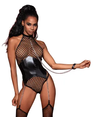 Dreamgirl Large Fishnet Corset-Style Halter Teddy with Attached Collar & Chain Leash Accent