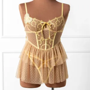 Embroidered Bustier Tiered Babydoll - Lemon Chiffon