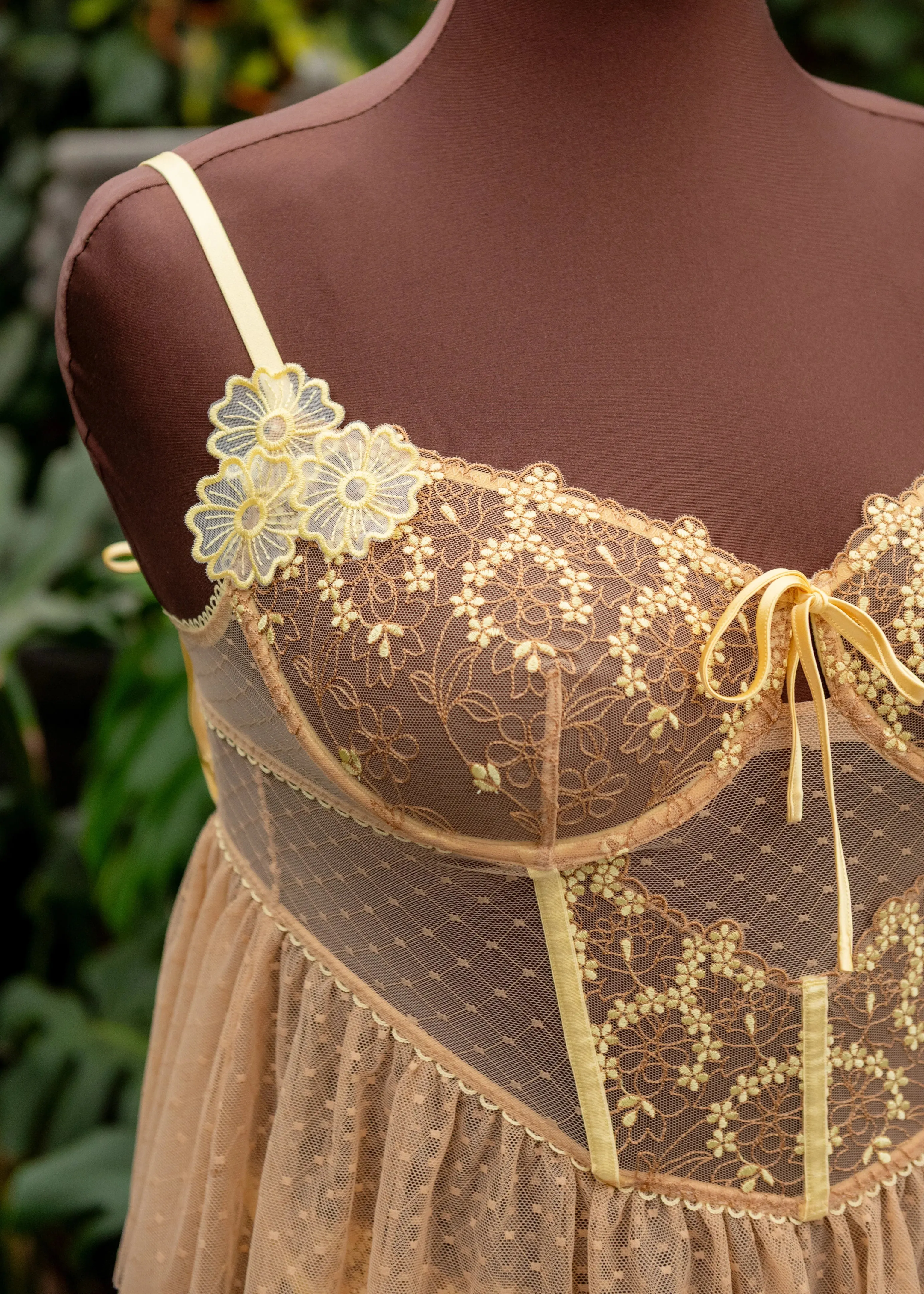 Embroidered Bustier Tiered Babydoll - Lemon Chiffon