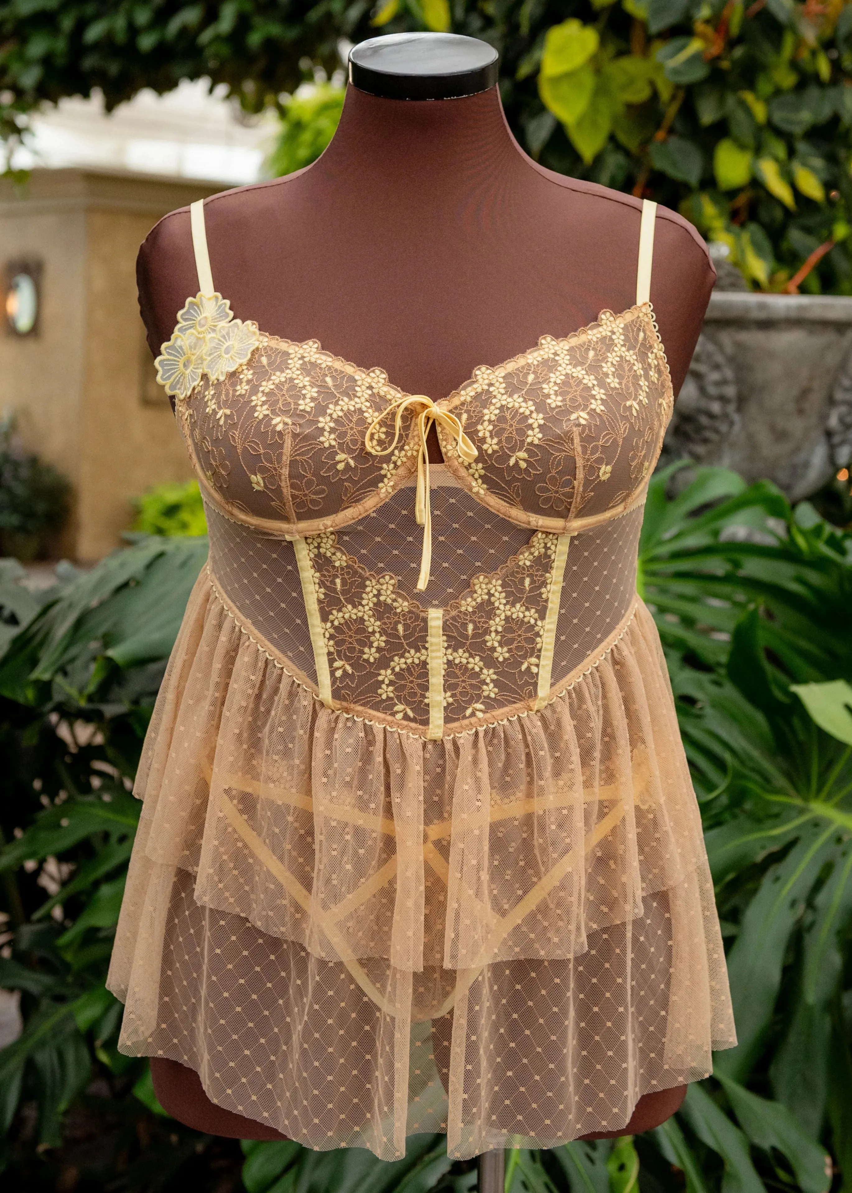 Embroidered Bustier Tiered Babydoll - Lemon Chiffon