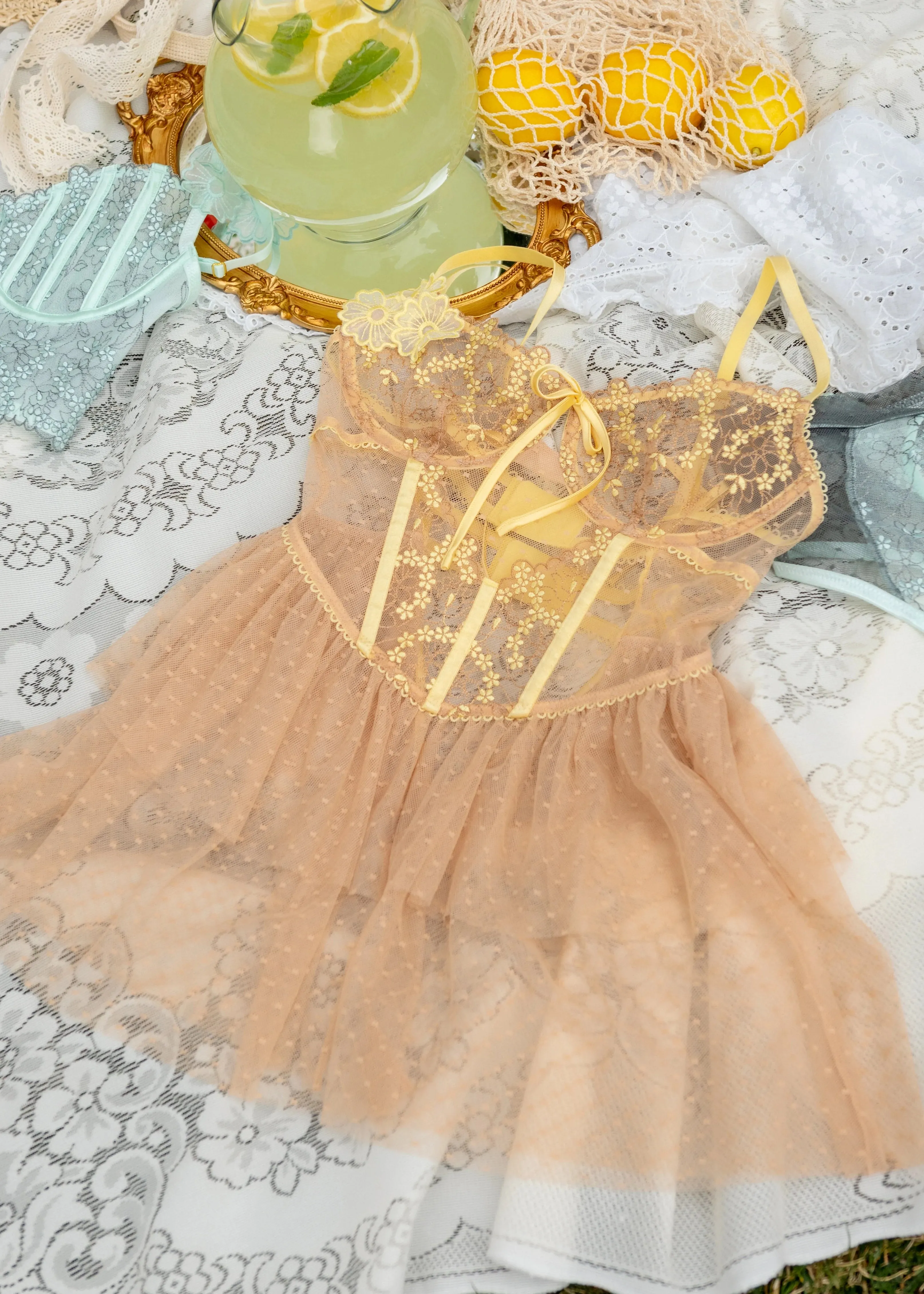 Embroidered Bustier Tiered Babydoll - Lemon Chiffon