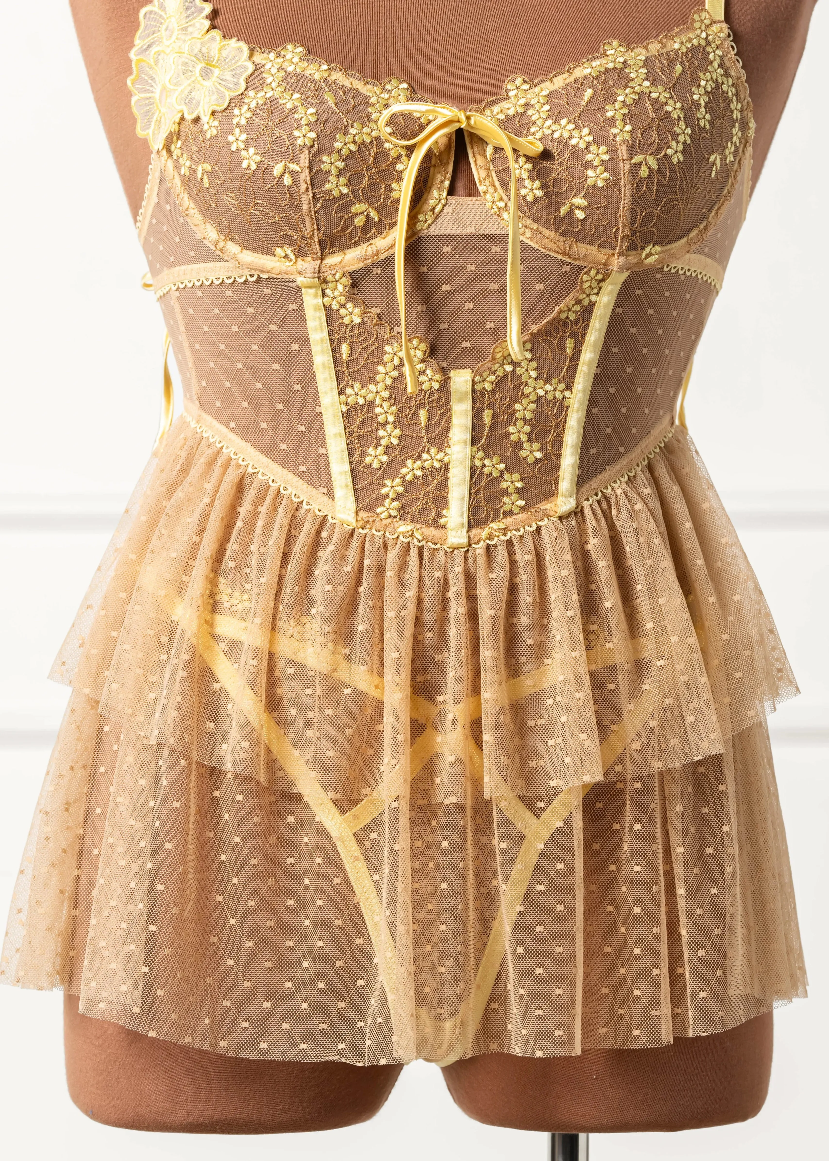 Embroidered Bustier Tiered Babydoll - Lemon Chiffon