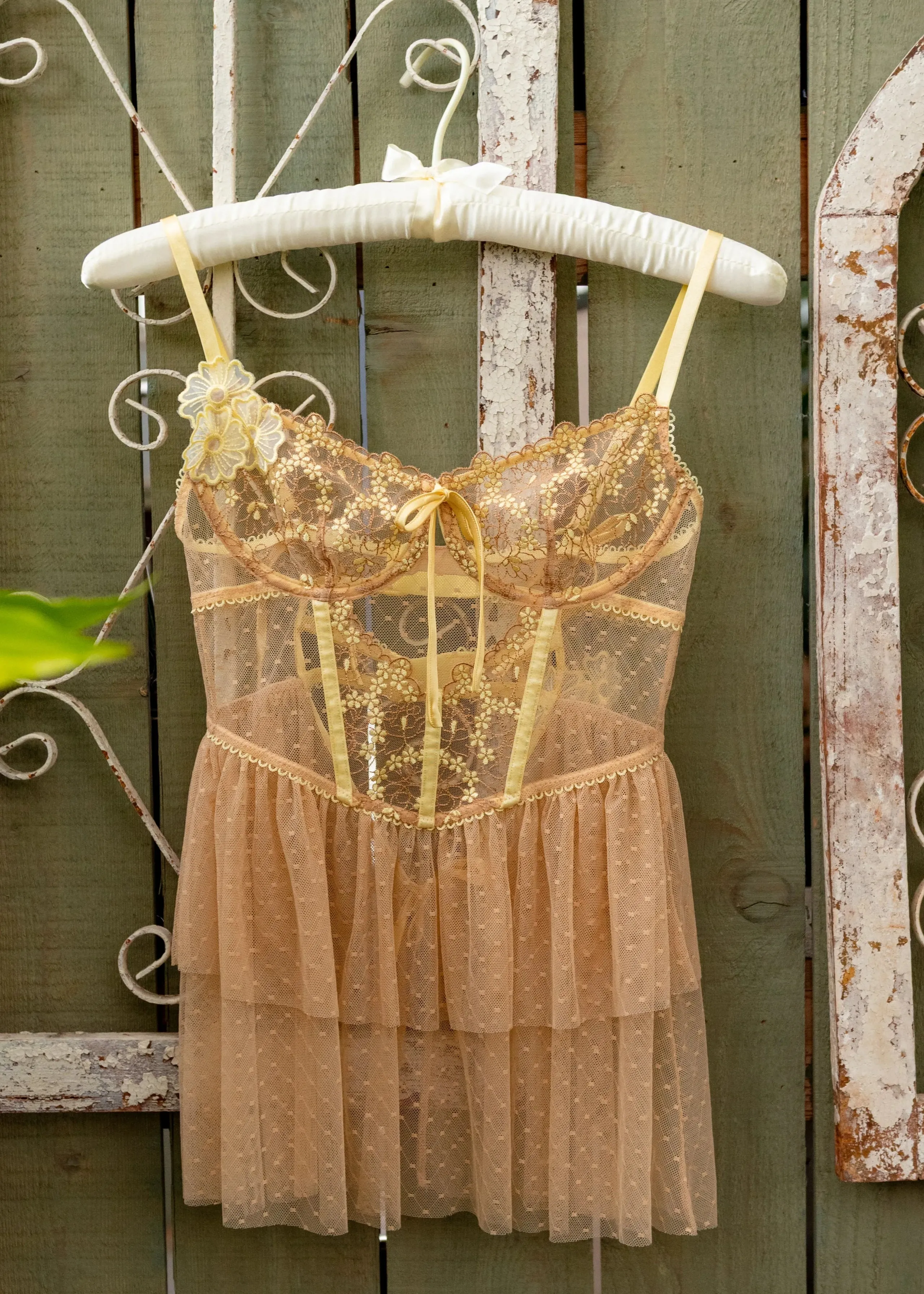 Embroidered Bustier Tiered Babydoll - Lemon Chiffon