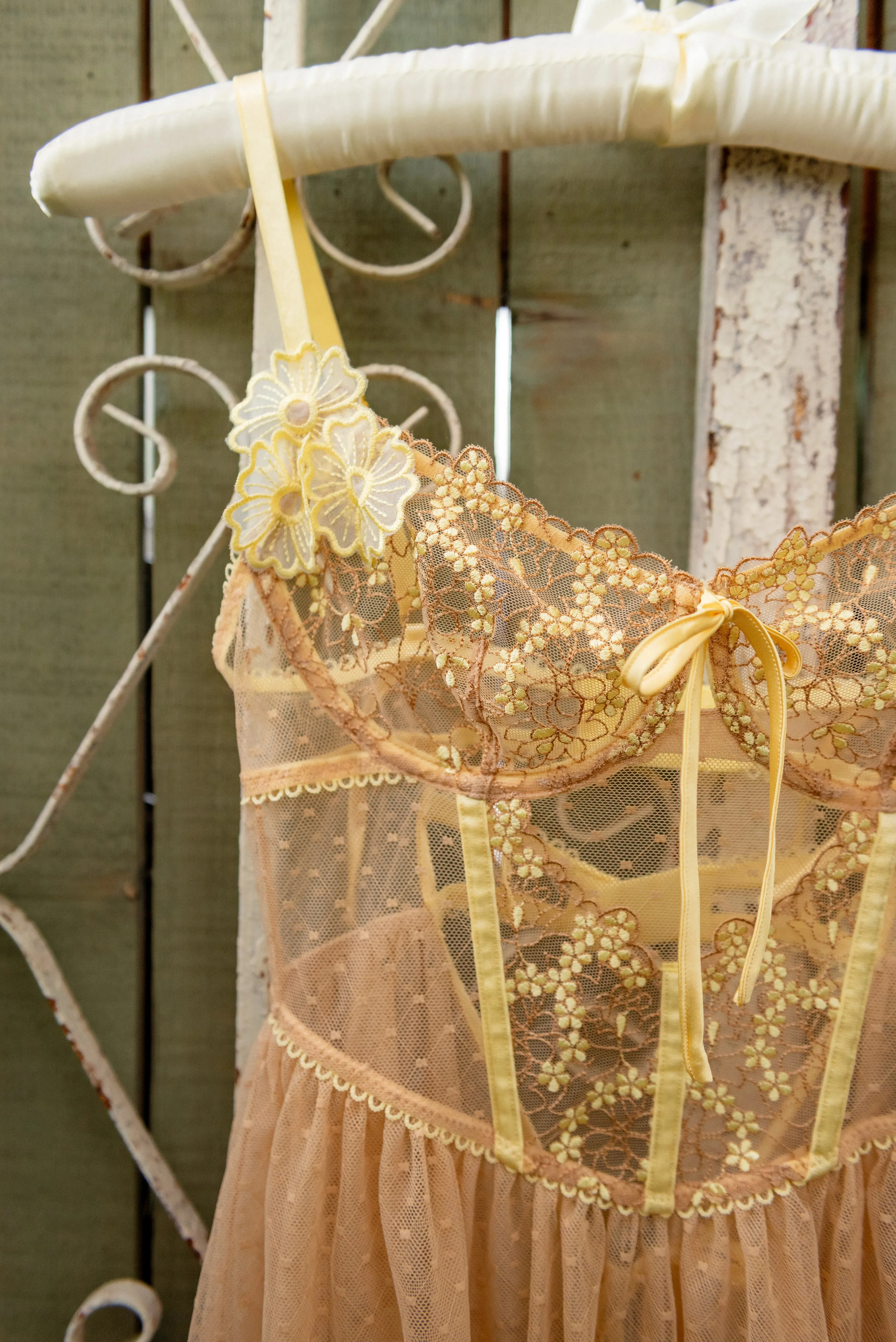 Embroidered Bustier Tiered Babydoll - Lemon Chiffon