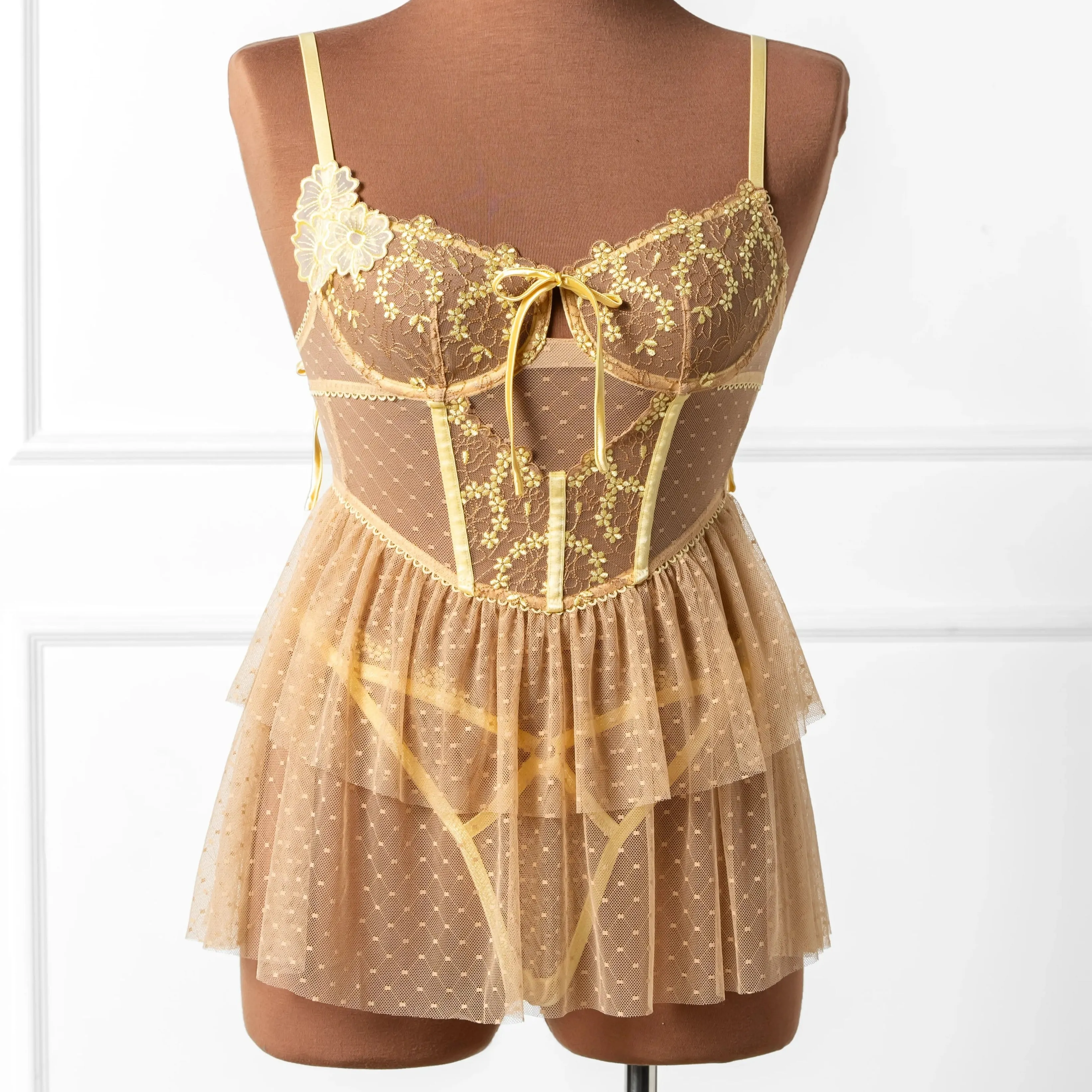 Embroidered Bustier Tiered Babydoll - Lemon Chiffon