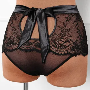 Eyelash Lace Bow High Waist Crotchless Panty - Black
