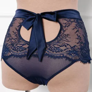 Eyelash Lace Bow High Waist Crotchless Panty - Navy