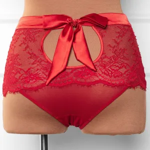 Eyelash Lace Bow High Waist Crotchless Panty - Red