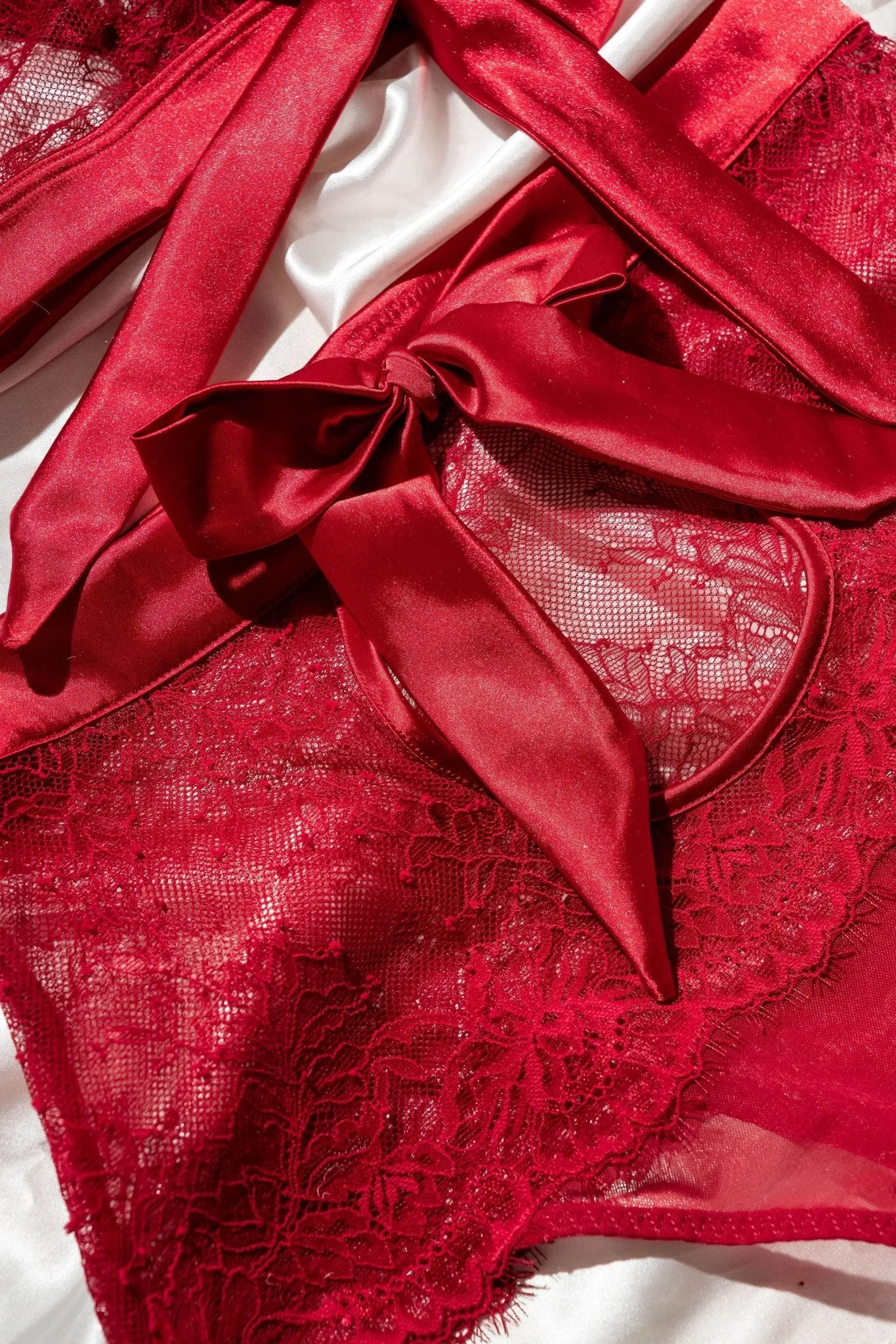 Eyelash Lace Bow High Waist Crotchless Panty - Red