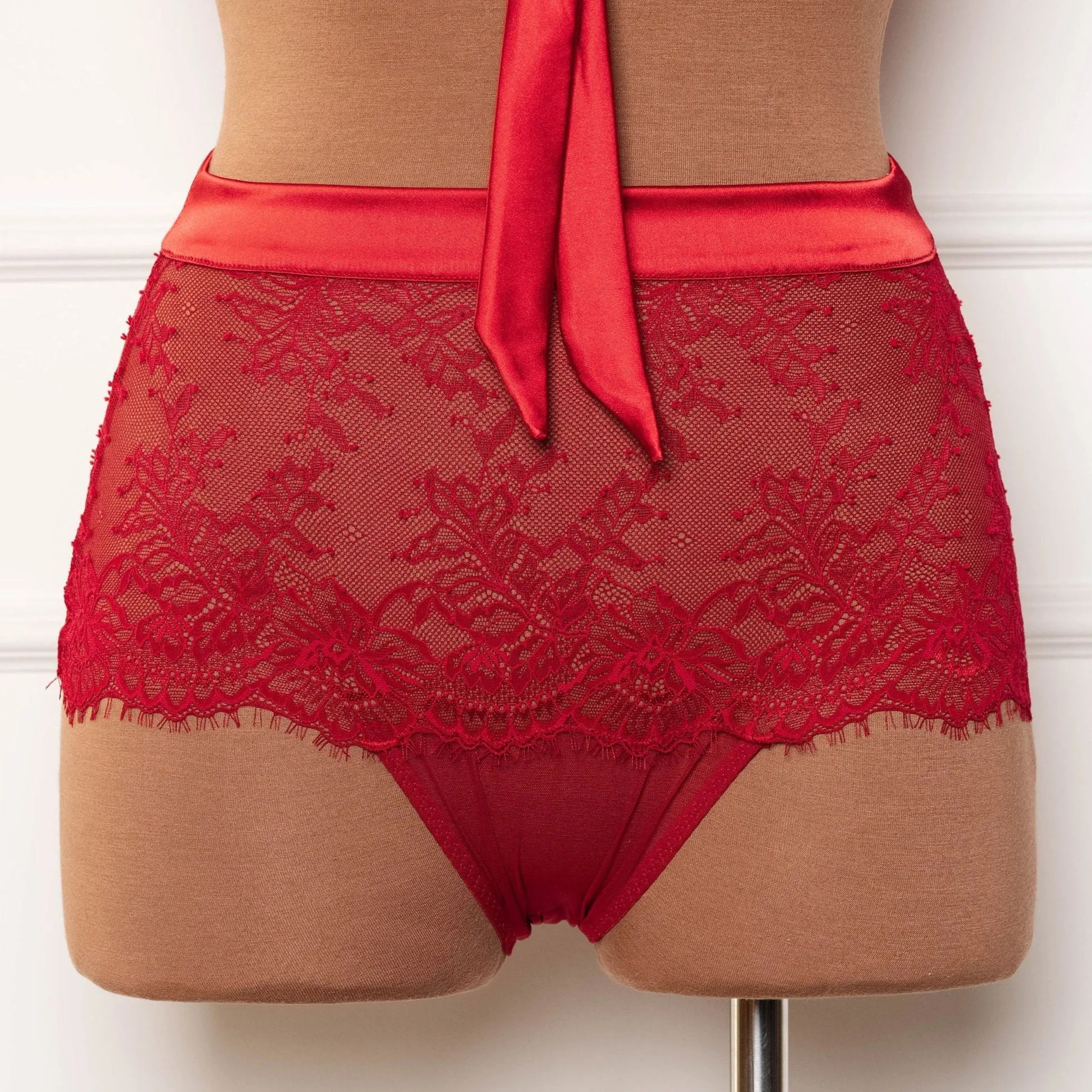 Eyelash Lace Bow High Waist Crotchless Panty - Red
