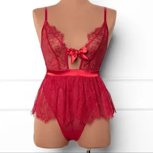 Eyelash Lace Crotchless Teddy - Red