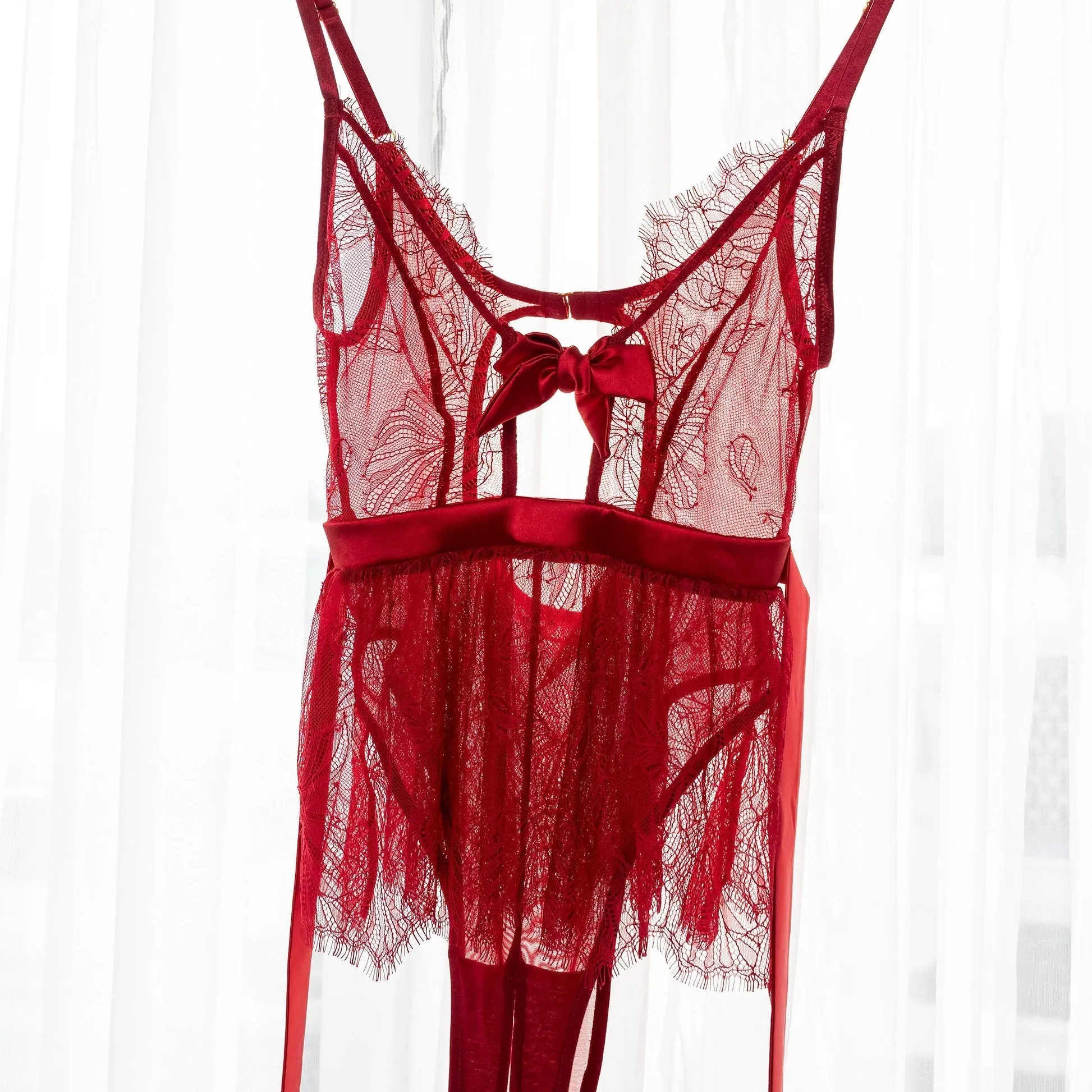 Eyelash Lace Crotchless Teddy - Red