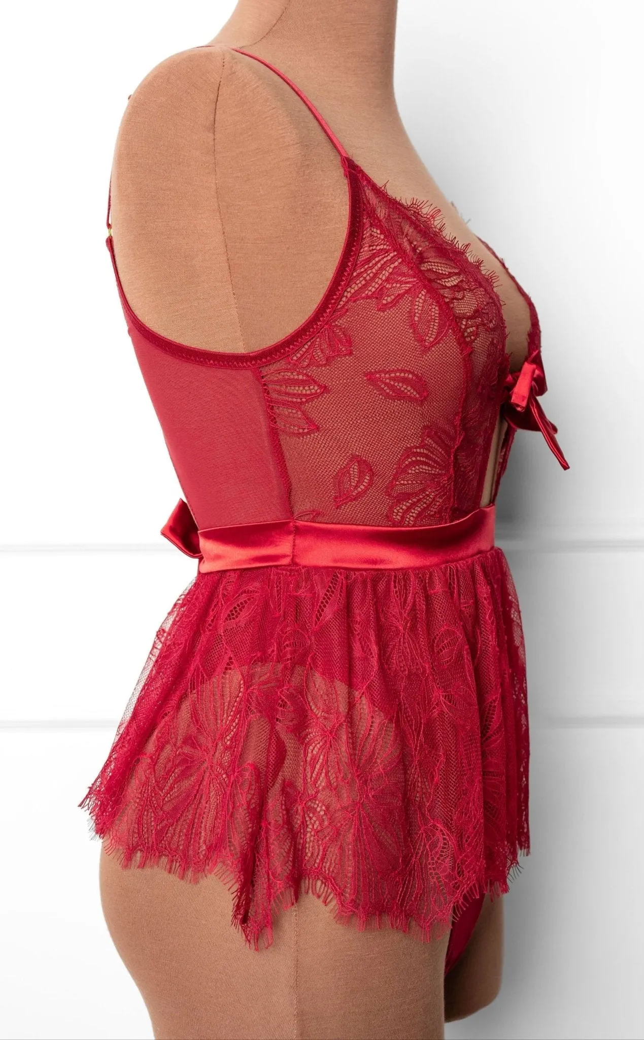 Eyelash Lace Crotchless Teddy - Red