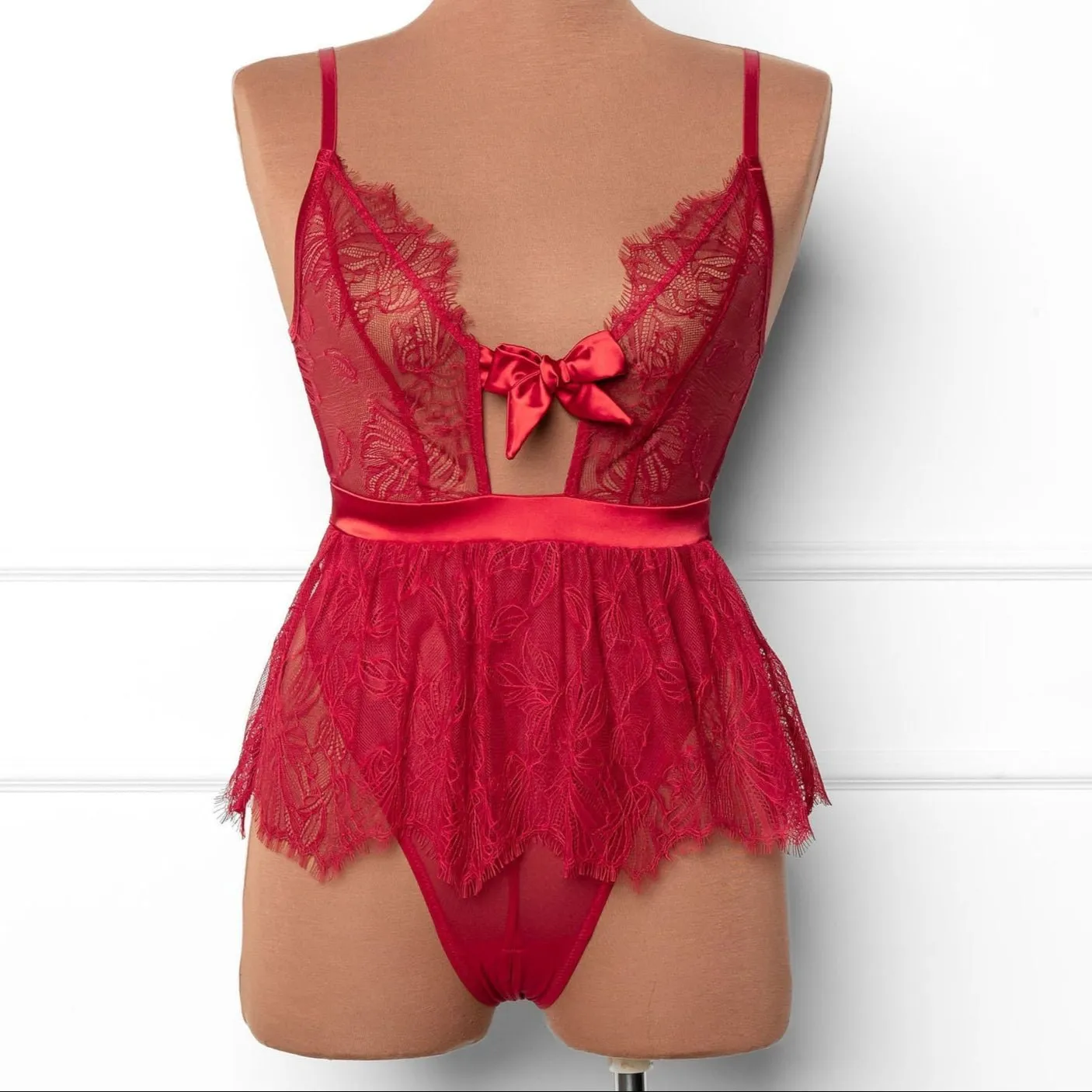 Eyelash Lace Crotchless Teddy - Red