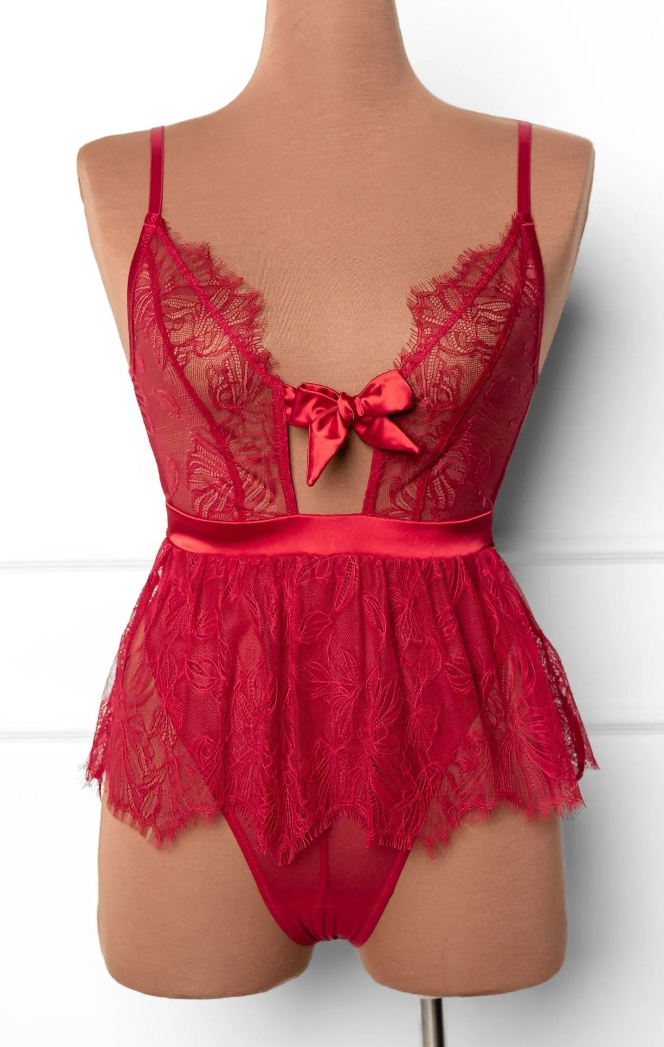 Eyelash Lace Crotchless Teddy - Red