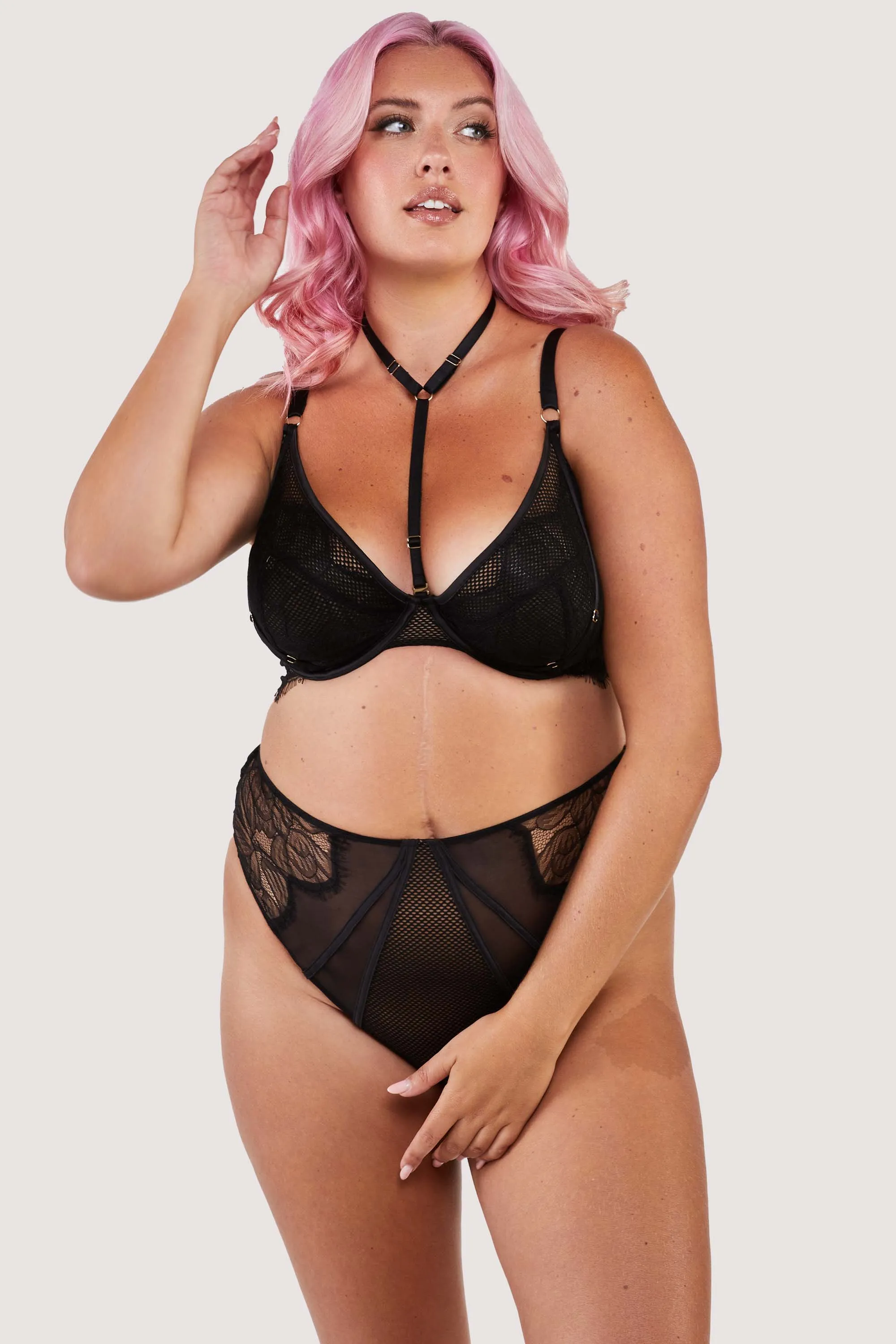 Fairfield Black Fishnet And Lace Crotchless High Waist Thong