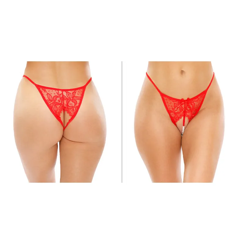 Fantasy Lingerie Calla Crotchless Lace Pearl Panty Red L/XL