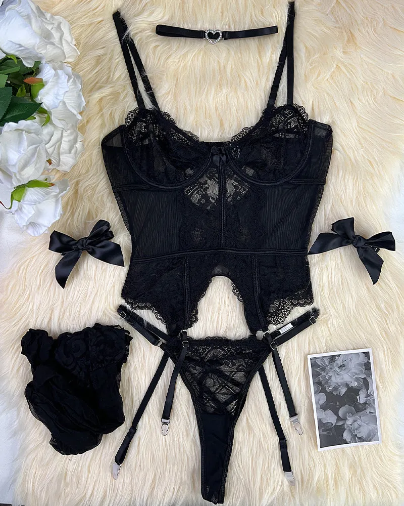 Floral Lace Corset Lingerie Set with Stockings