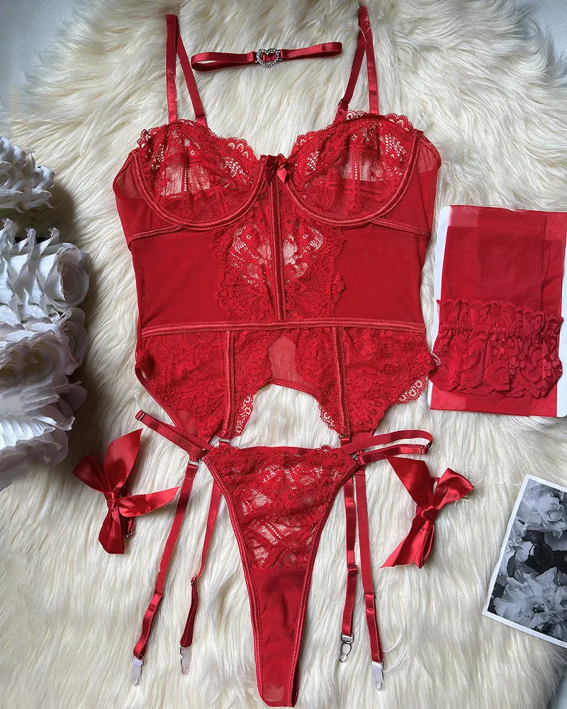 Floral Lace Corset Lingerie Set with Stockings
