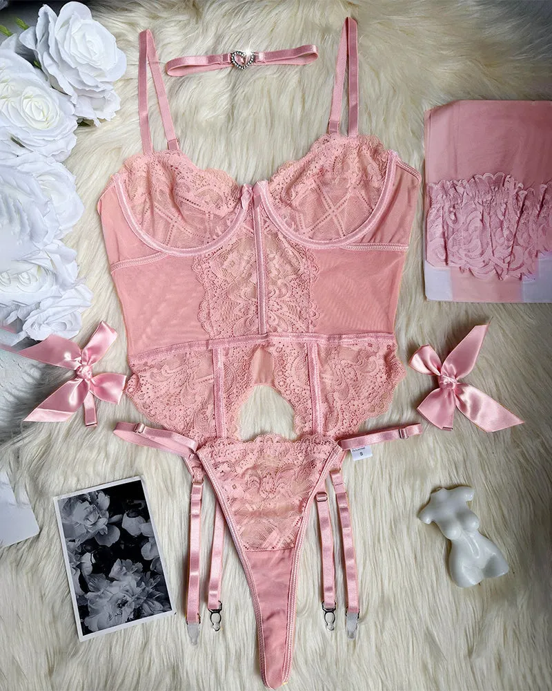 Floral Lace Corset Lingerie Set with Stockings