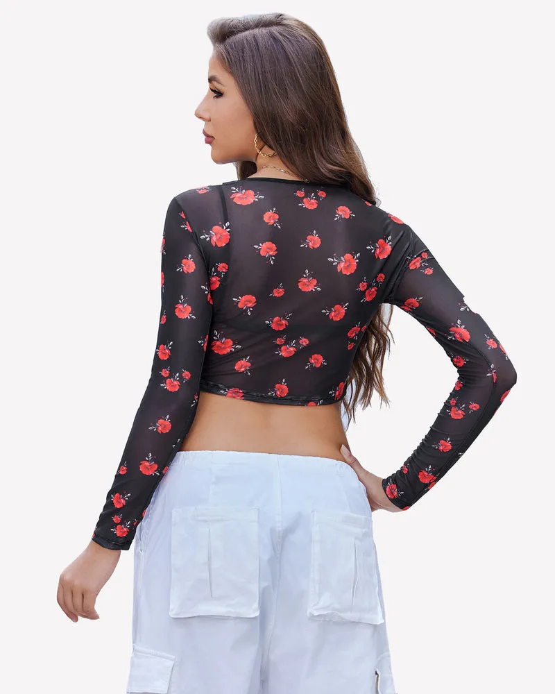 Floral Mesh Sheer Crop Top