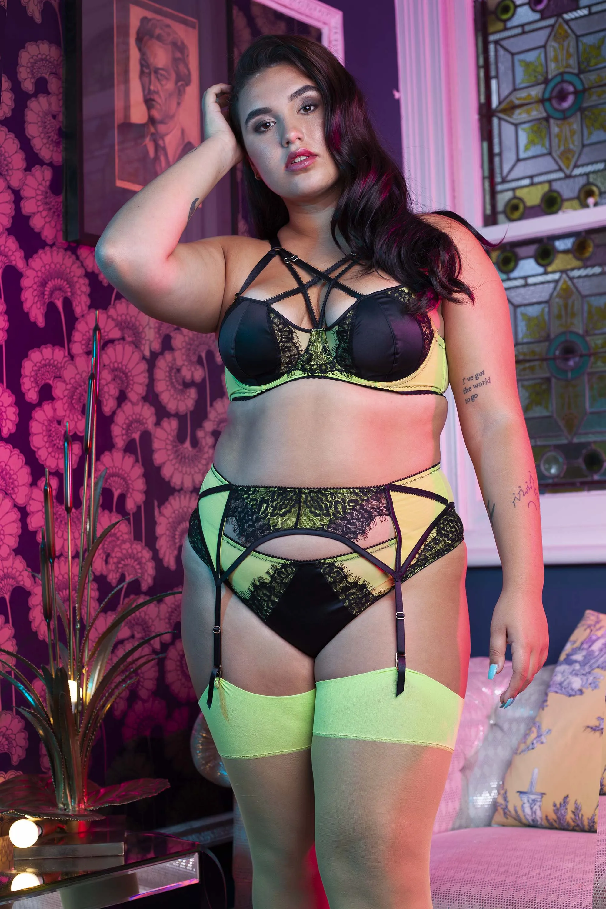 Indigo Lime Strappy Picot Plunge Bra