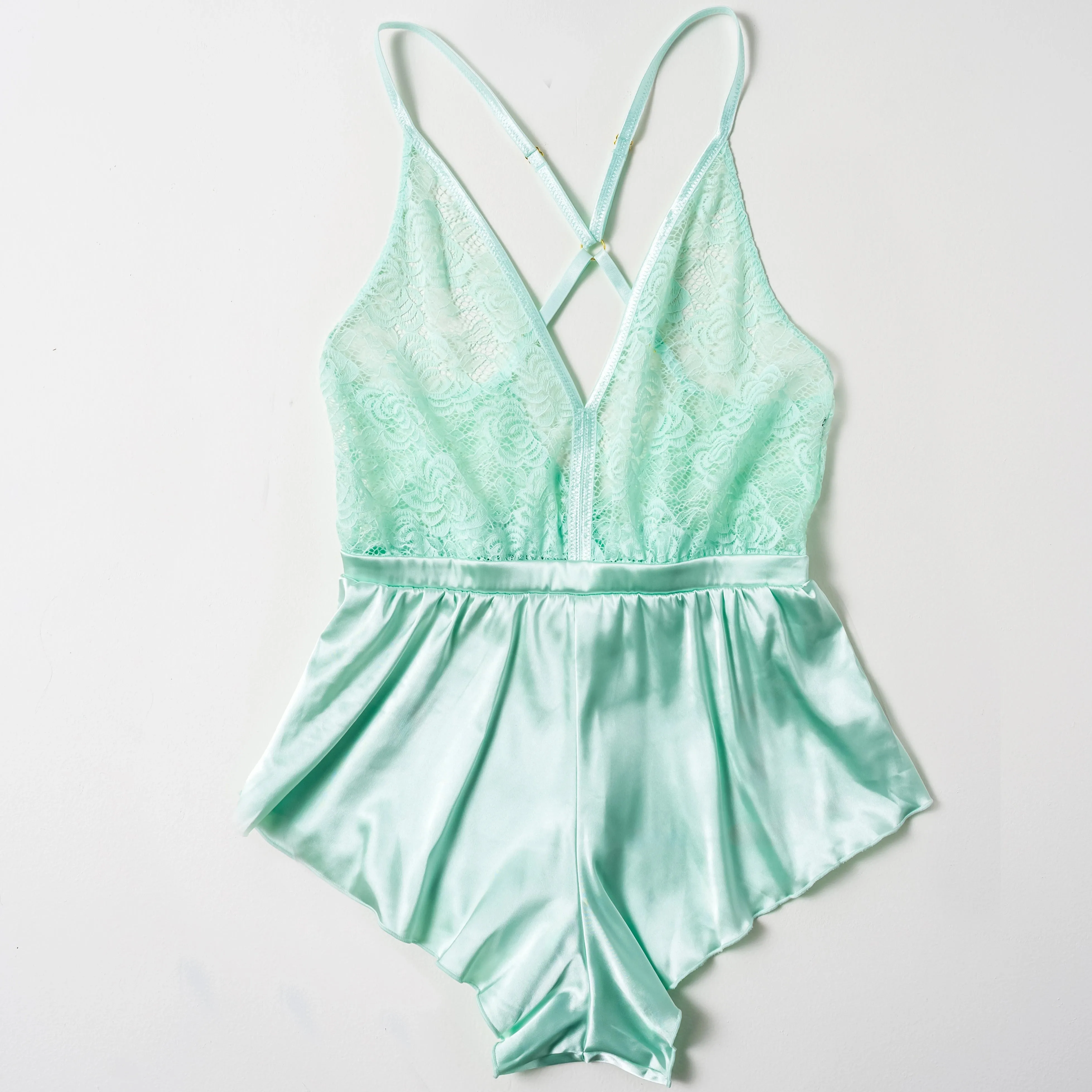 Lacy Deep Plunge Satin Romper - Mint Julep
