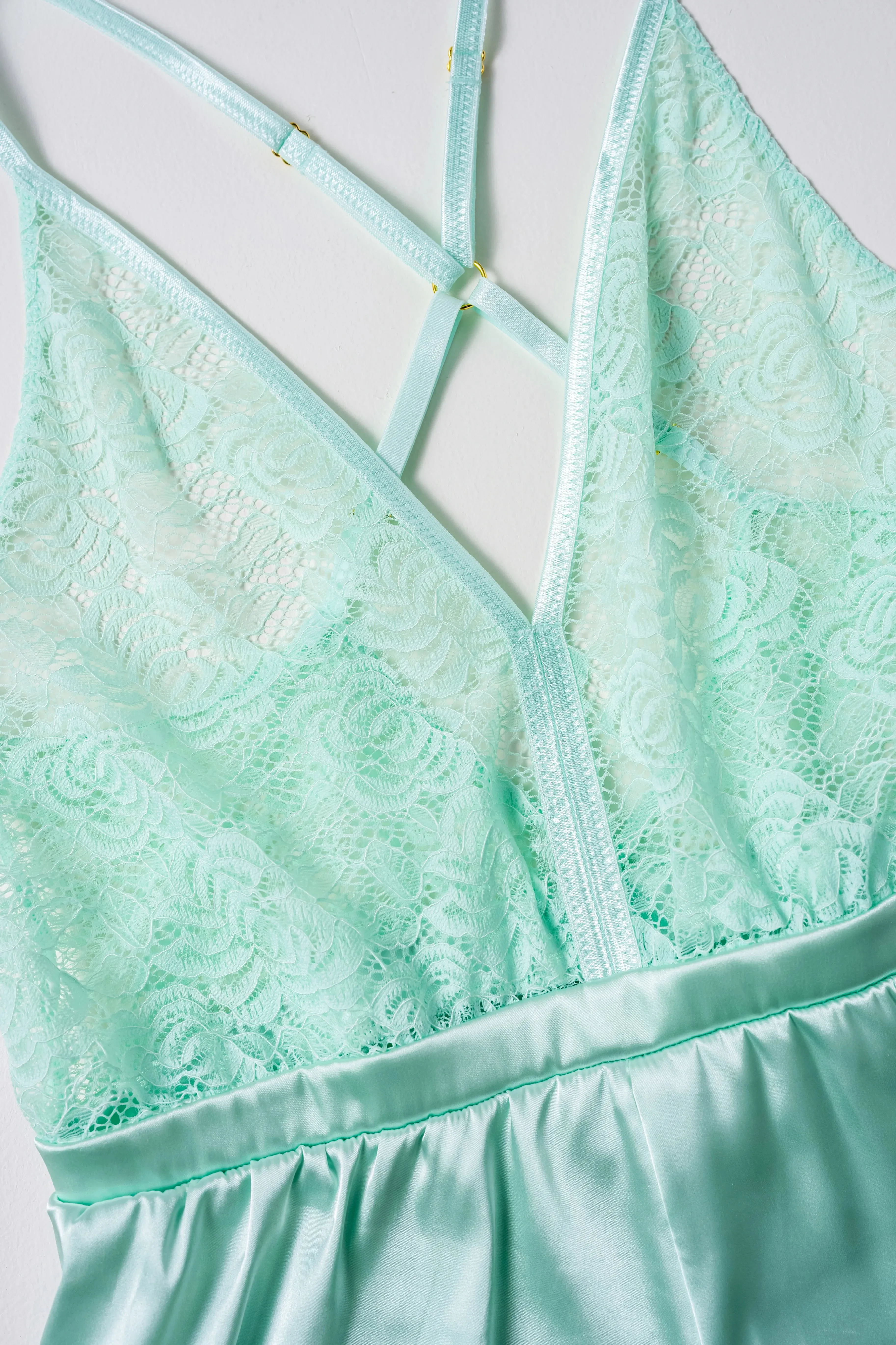 Lacy Deep Plunge Satin Romper - Mint Julep