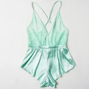 Lacy Deep Plunge Satin Romper - Mint Julep