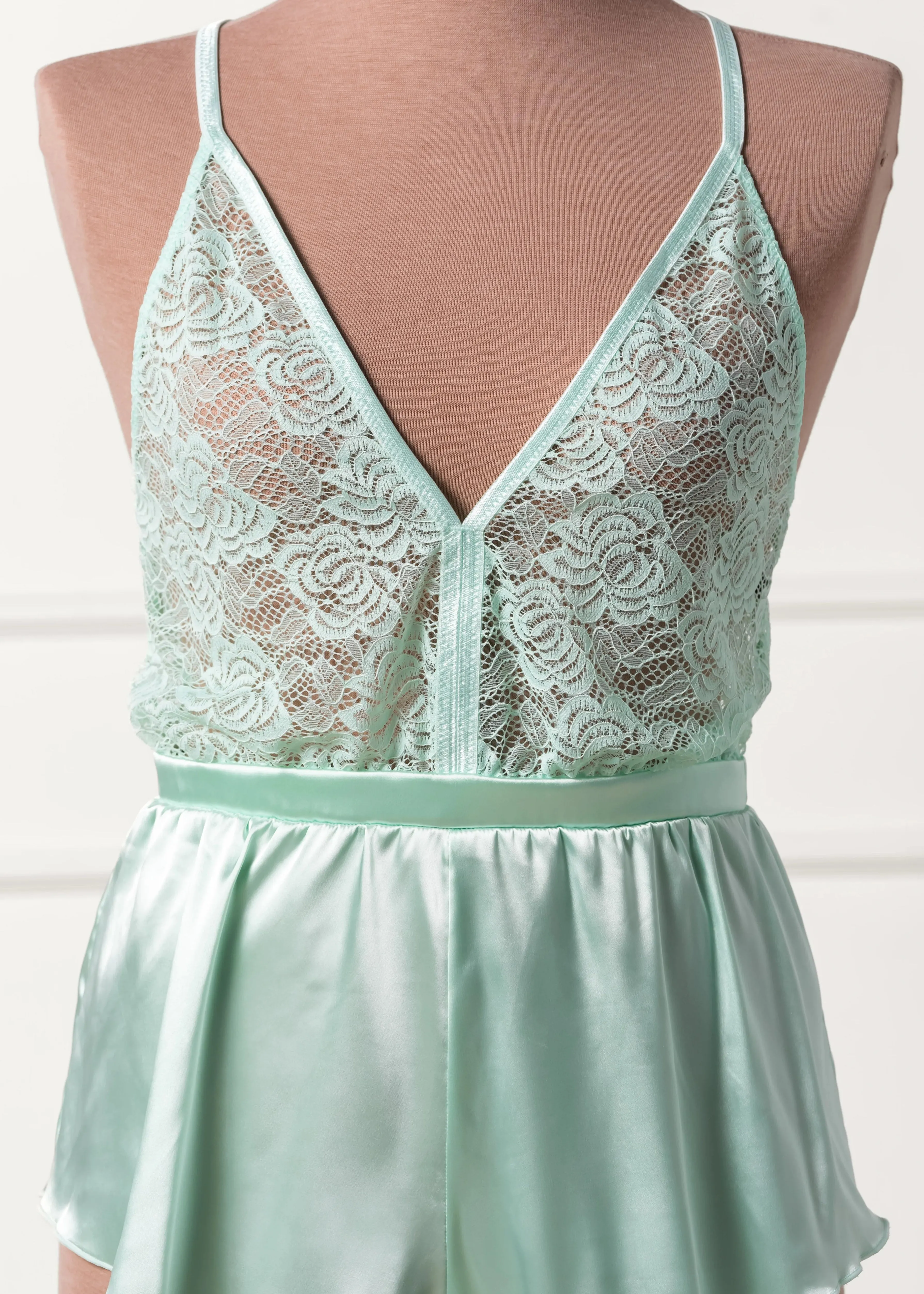 Lacy Deep Plunge Satin Romper - Mint Julep