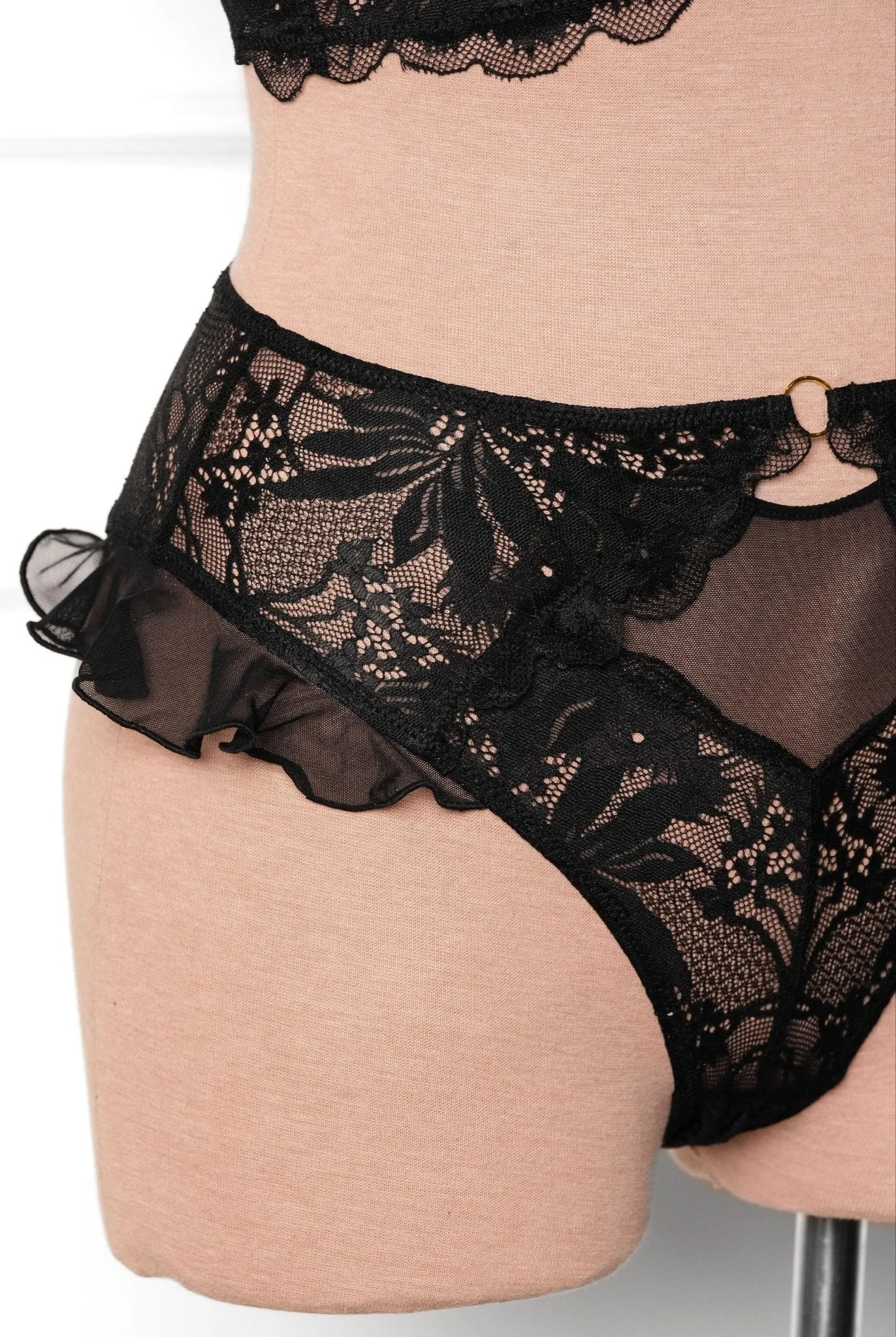 Lacy High Leg Crotchless Panty - Black