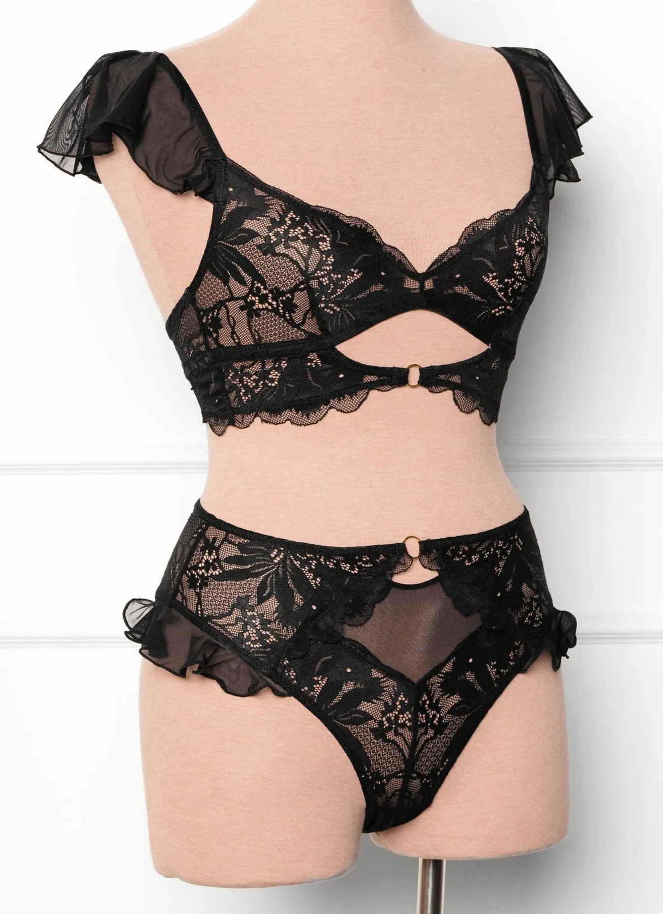 Lacy High Leg Crotchless Panty - Black