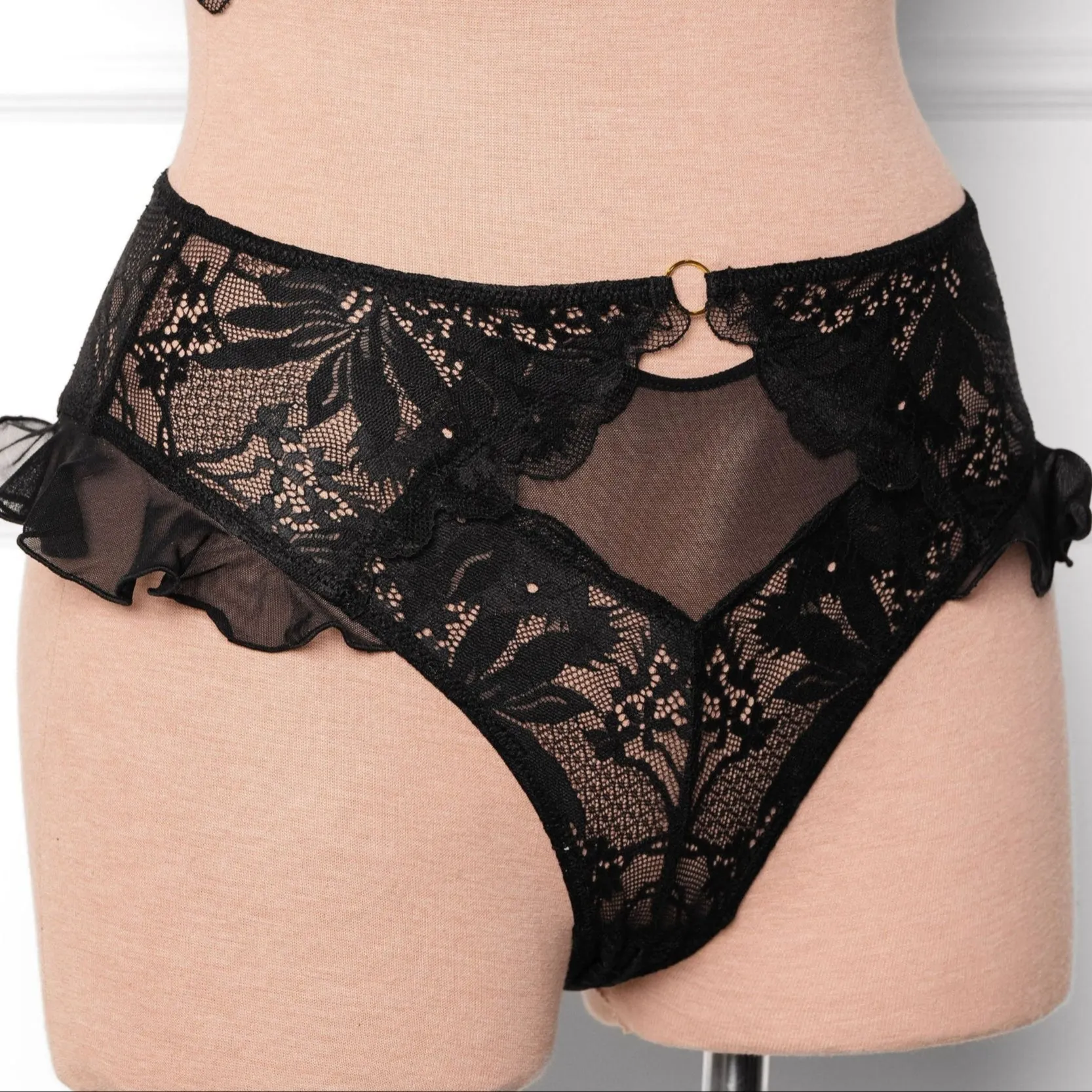 Lacy High Leg Crotchless Panty - Black