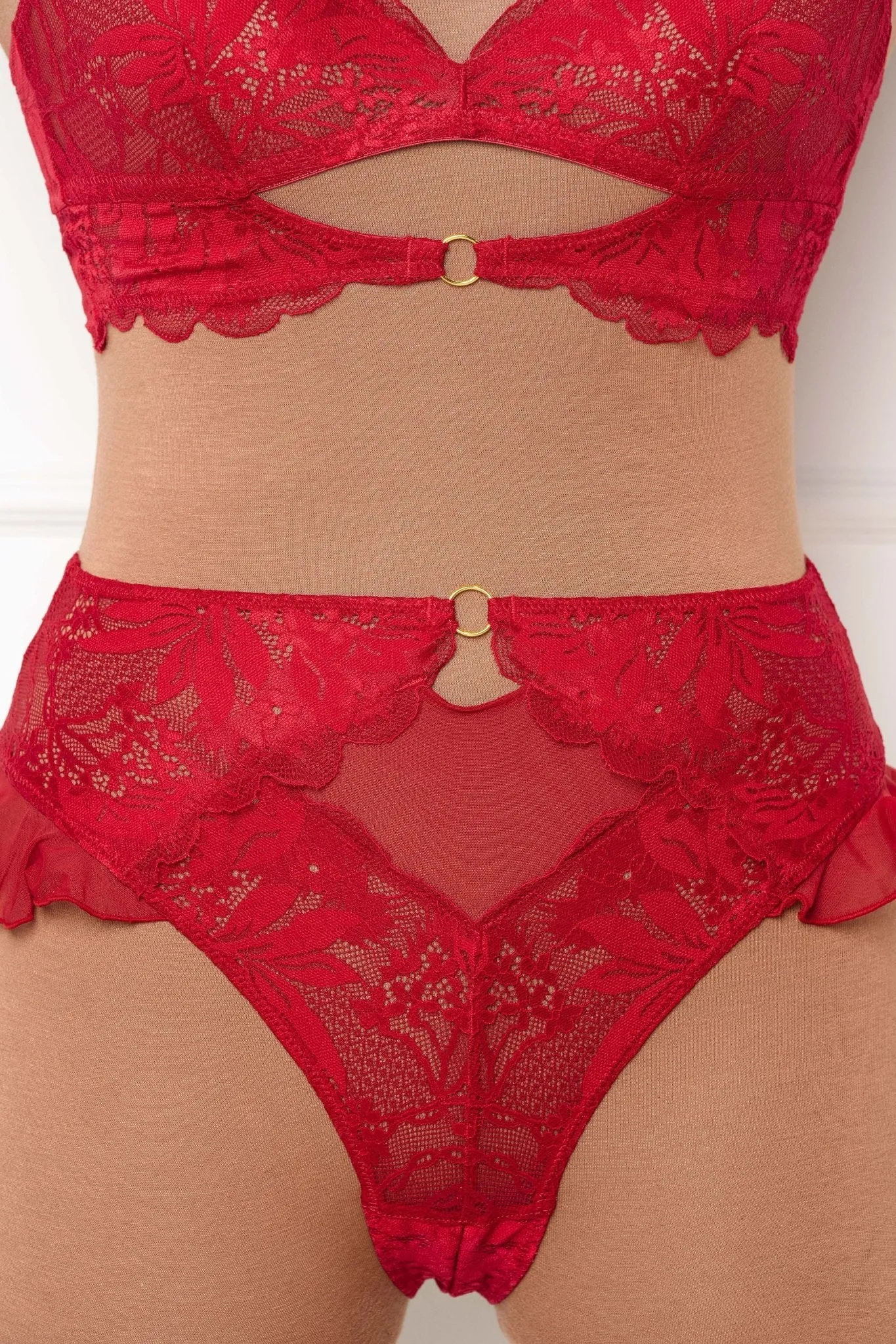 Lacy High Leg Crotchless Panty - Red