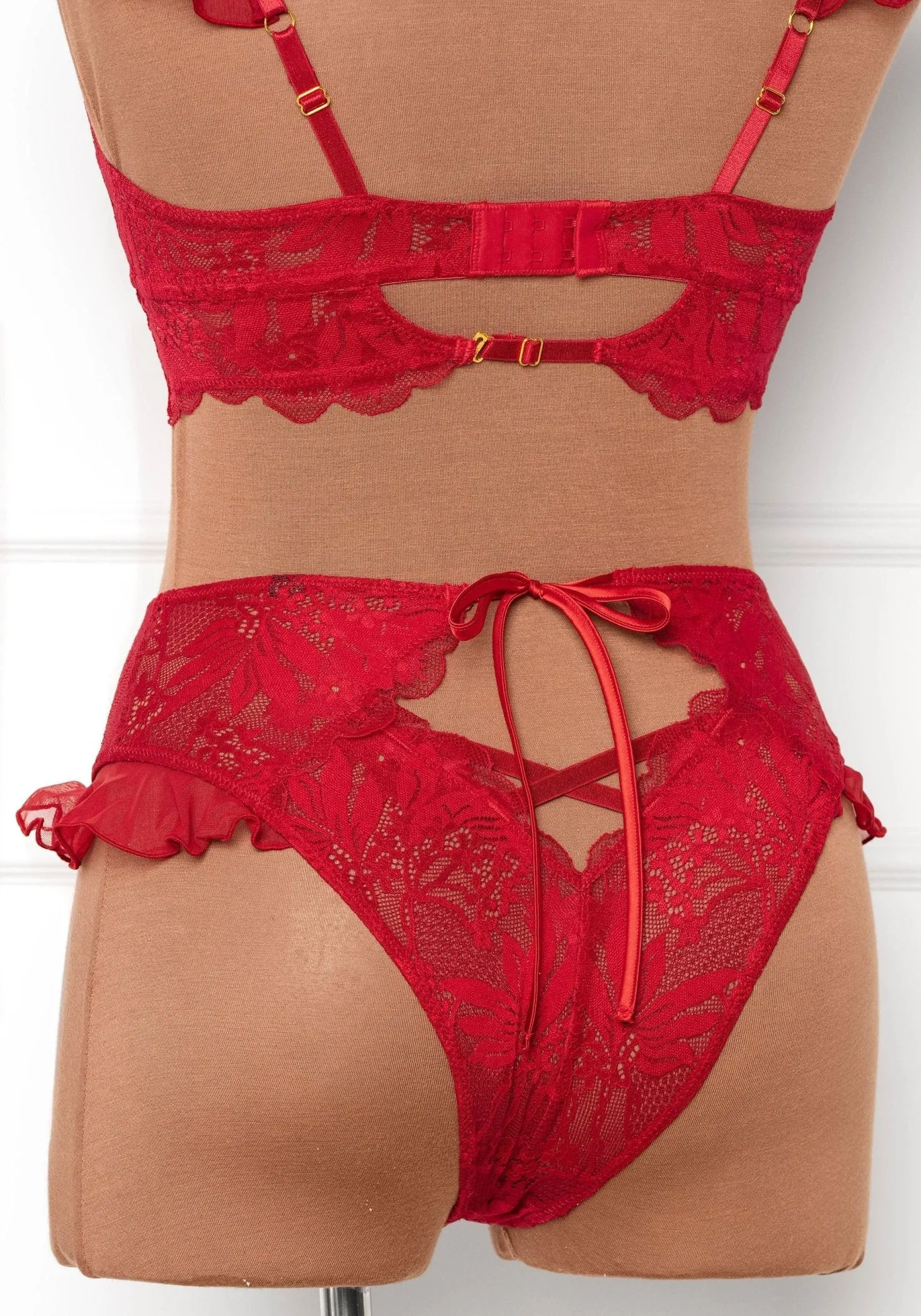 Lacy High Leg Crotchless Panty - Red