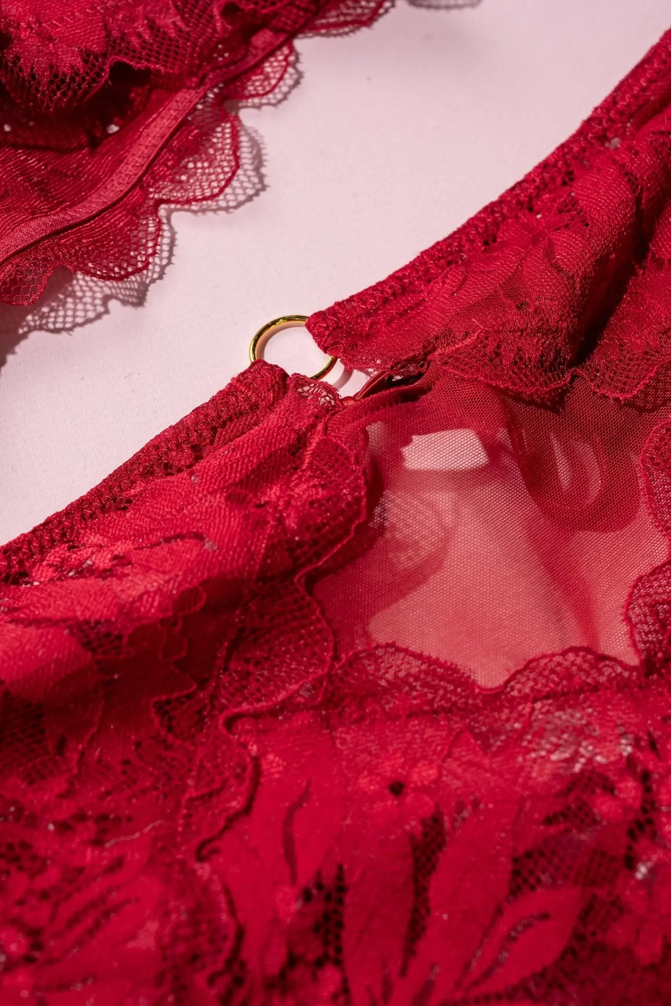 Lacy High Leg Crotchless Panty - Red