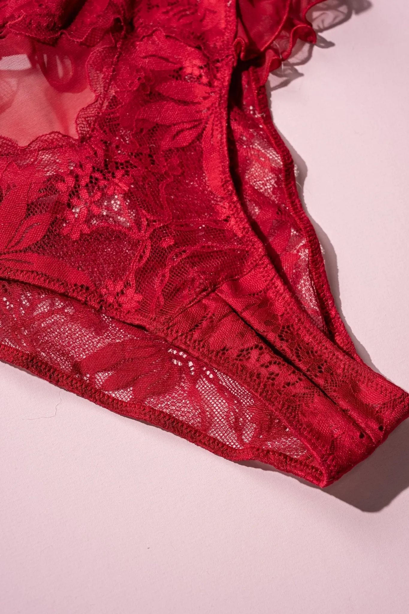 Lacy High Leg Crotchless Panty - Red